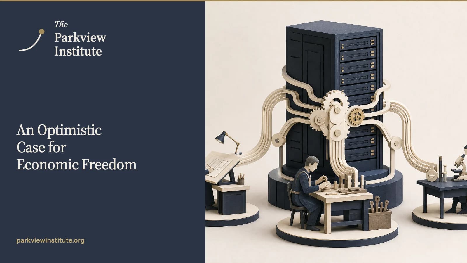 A sculptural server tower supplies delicate cream mechanical linkages to three small productive workspaces: a drafting desk, a craft bench and a research table. One coherent central mechanism.
