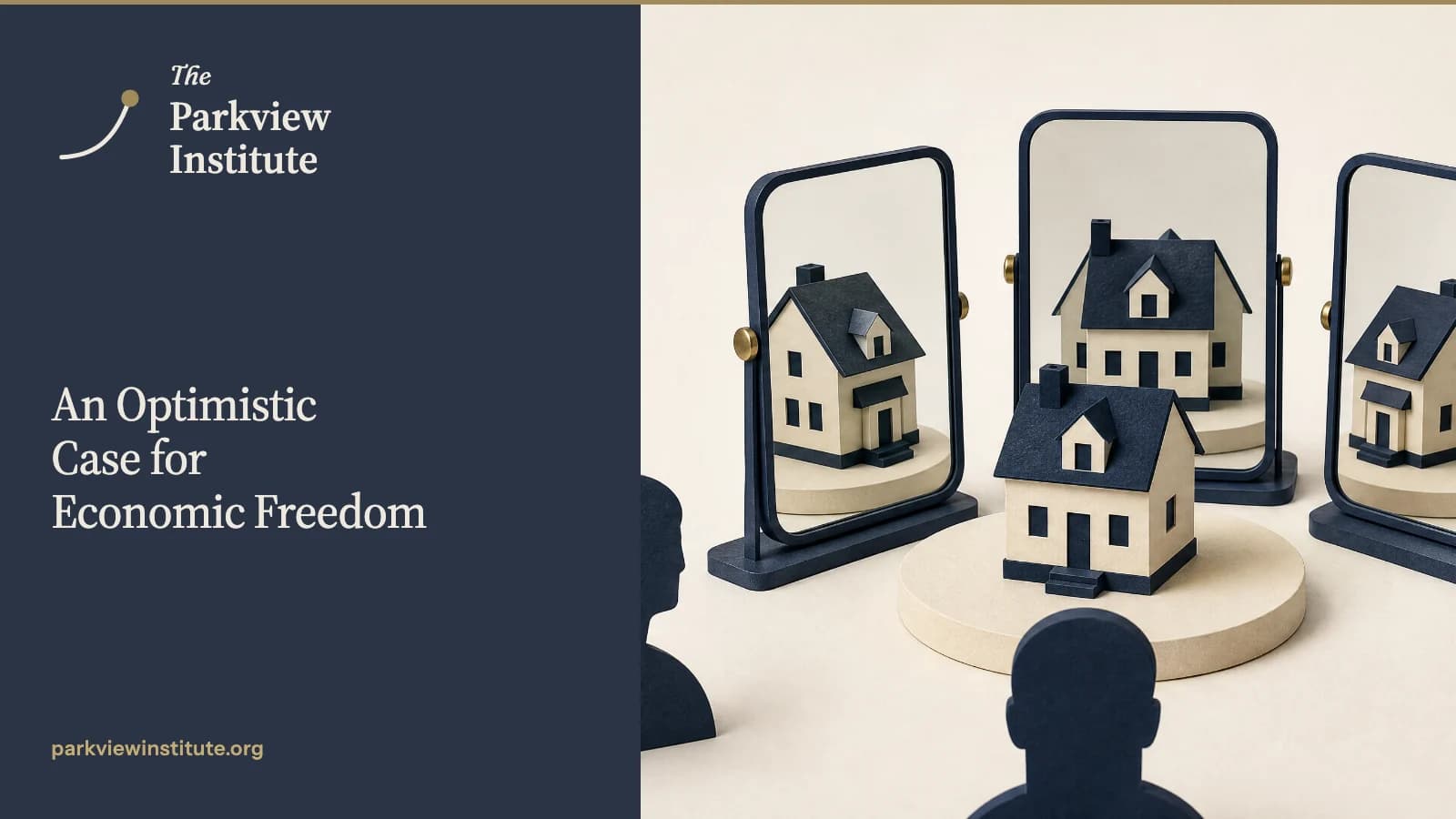 A miniature house reflected from several angles in three simple freestanding mirrors, one shared object seen by different observers.