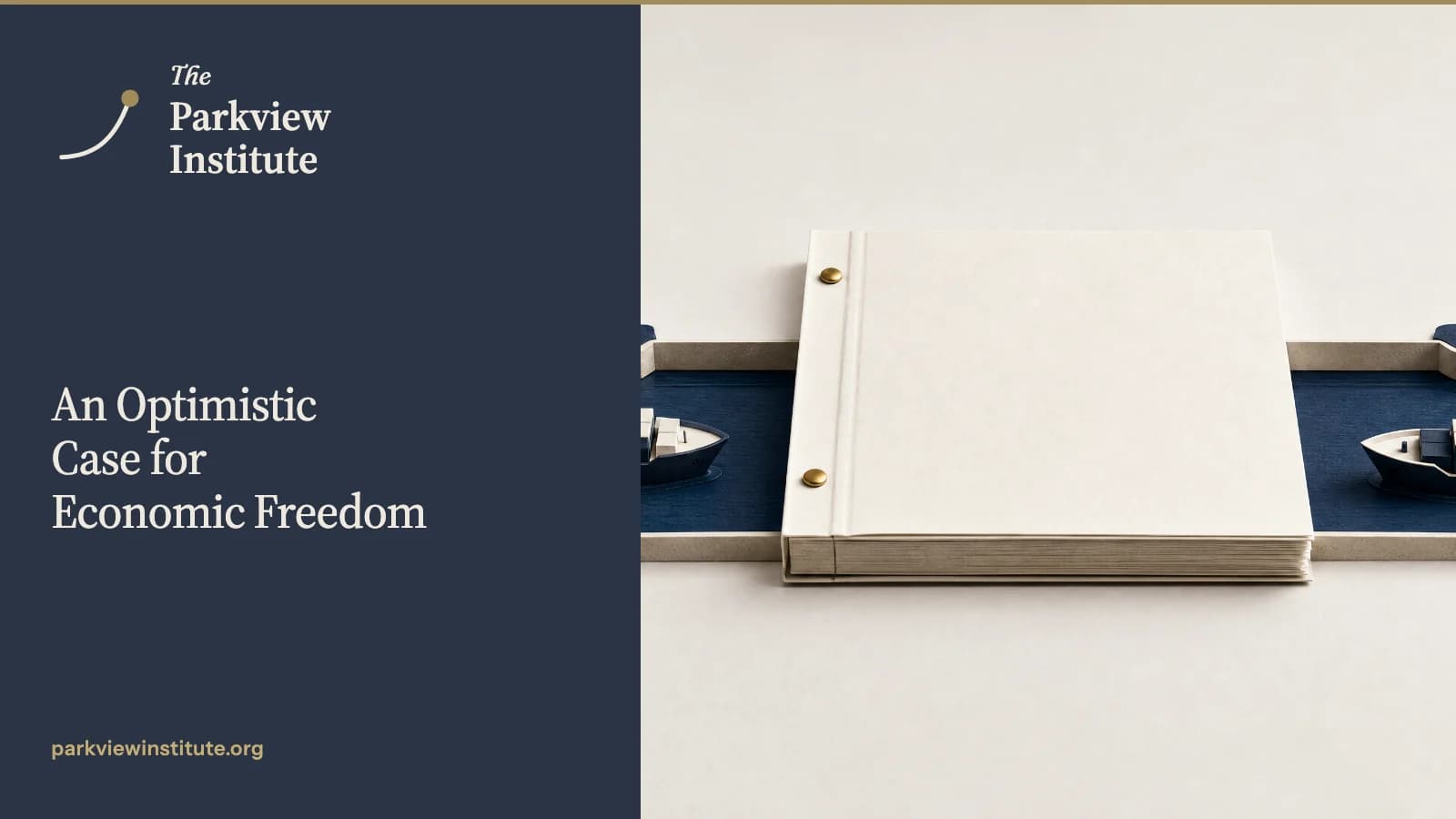 A heavy blank legislative folio rests across the middle of a two-way miniature cargo canal, quietly blocking vessels traveling in both directions.